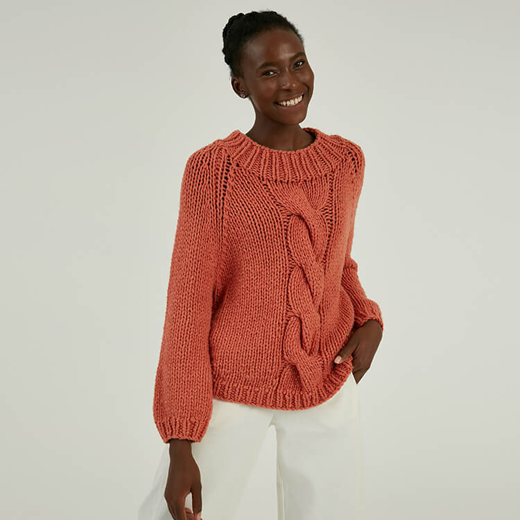 定制冬季羊毛混纺红色女式厚实粗线针织毛衣