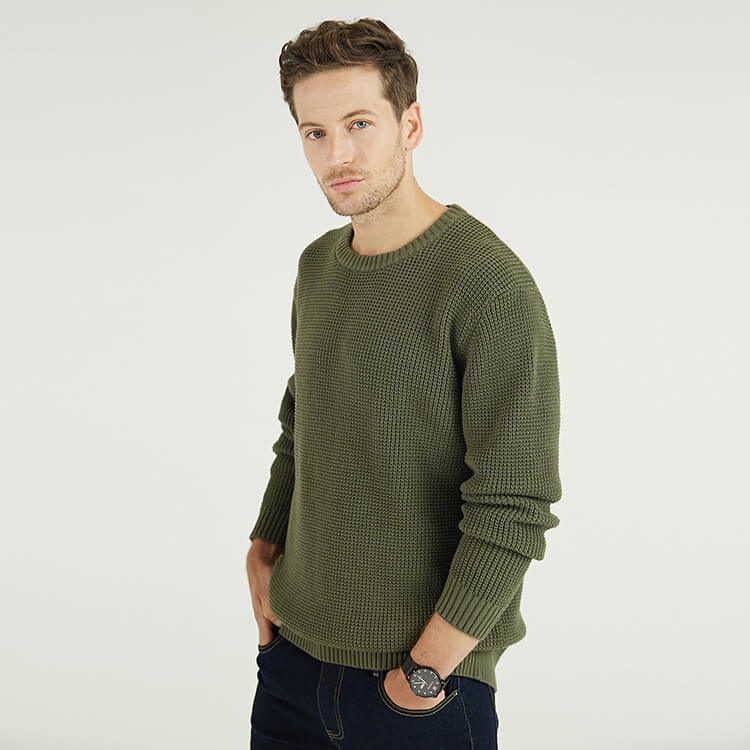 个性化冬季男士 100% 有机可持续棉军绿色圆领针织毛衣
