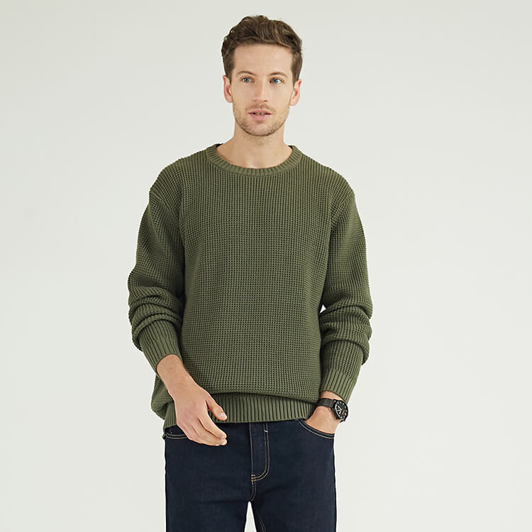 个性化冬季男士 100% 有机可持续棉军绿色圆领针织毛衣